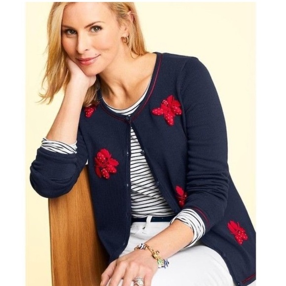 Talbots Embroidered Strawberry Sweater Cardigan NWT Navy Blue Size MP - Picture 1 of 9